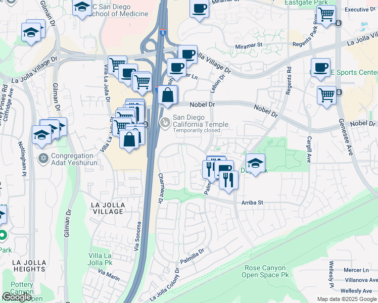 map of restaurants, bars, coffee shops, grocery stores, and more near 7535 Charmant Drive in San Diego
