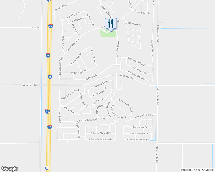 map of restaurants, bars, coffee shops, grocery stores, and more near 2525 East Dulcinea Trail in Casa Grande