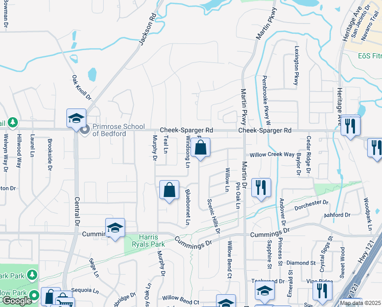 map of restaurants, bars, coffee shops, grocery stores, and more near 3700 Windsong Lane in Bedford