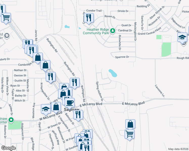 map of restaurants, bars, coffee shops, grocery stores, and more near 236 Spring Hollow Drive in Saginaw