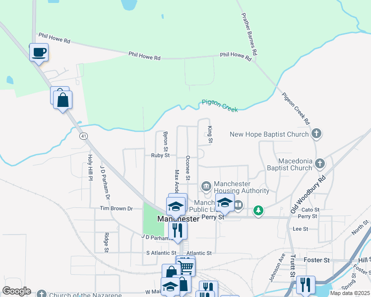 map of restaurants, bars, coffee shops, grocery stores, and more near 709 Oconee Street in Manchester