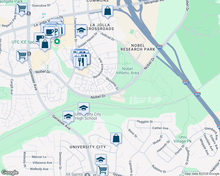 map of restaurants, bars, coffee shops, grocery stores, and more near 7274 Shoreline Drive in San Diego