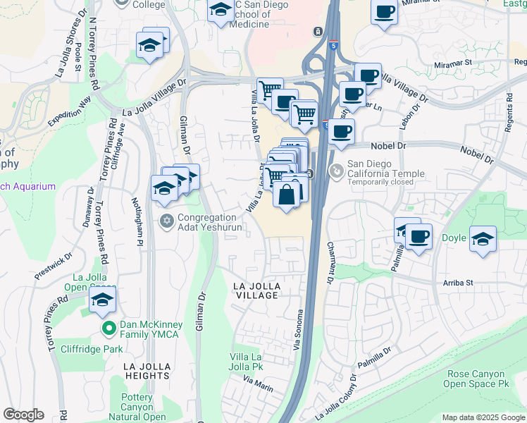 map of restaurants, bars, coffee shops, grocery stores, and more near 8657 Villa La Jolla Drive in San Diego