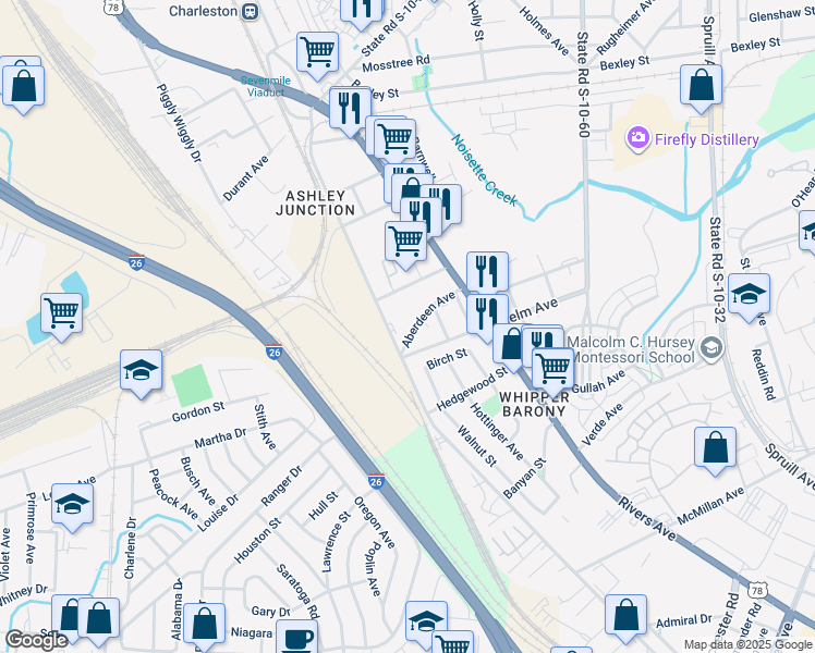 map of restaurants, bars, coffee shops, grocery stores, and more near 2176 Aberdeen Avenue in North Charleston