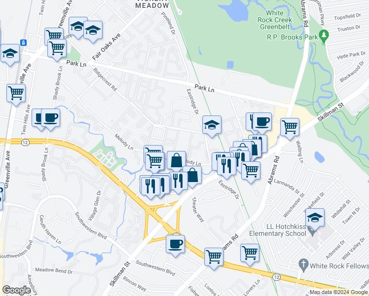 map of restaurants, bars, coffee shops, grocery stores, and more near 6467 Melody Lane in Dallas
