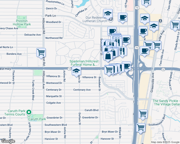 map of restaurants, bars, coffee shops, grocery stores, and more near 7526 West Northwest Highway in Dallas