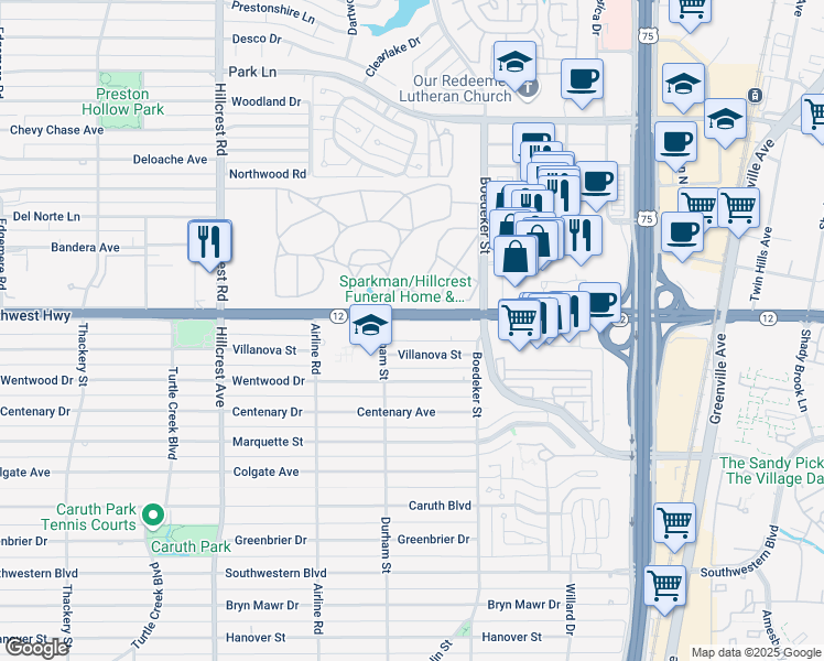 map of restaurants, bars, coffee shops, grocery stores, and more near 7404 West Northwest Highway in Dallas