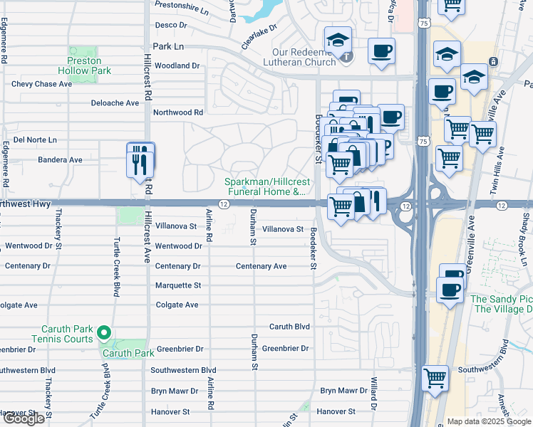 map of restaurants, bars, coffee shops, grocery stores, and more near 7404 West Northwest Highway in Dallas