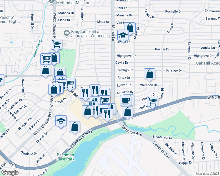 map of restaurants, bars, coffee shops, grocery stores, and more near 3636 Bolivar Drive in Dallas
