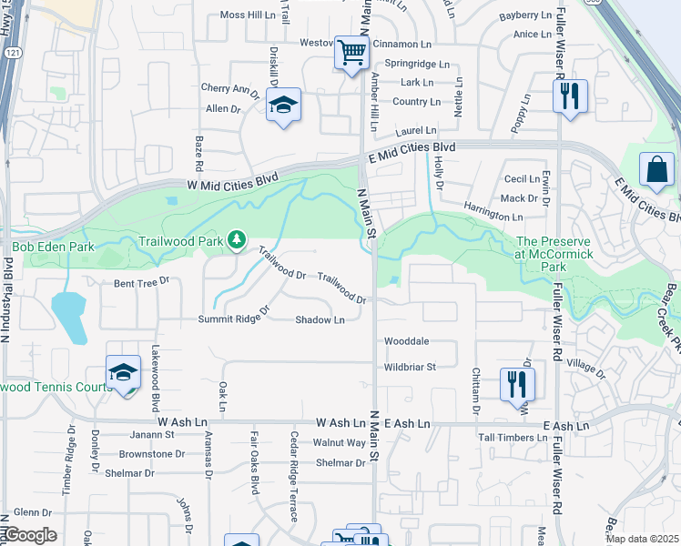 map of restaurants, bars, coffee shops, grocery stores, and more near 202 Trailwood Drive in Euless