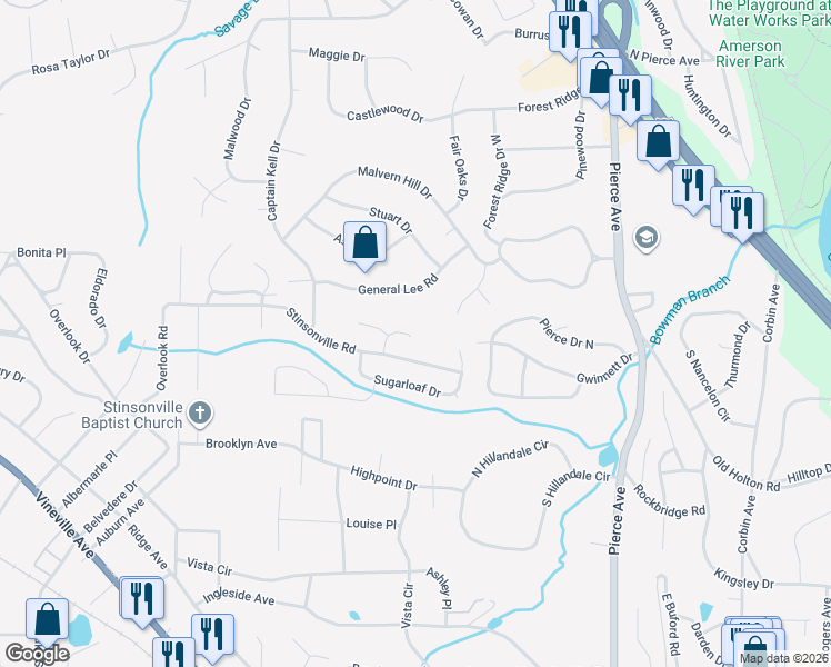 map of restaurants, bars, coffee shops, grocery stores, and more near 510 Double Oak Drive in Macon