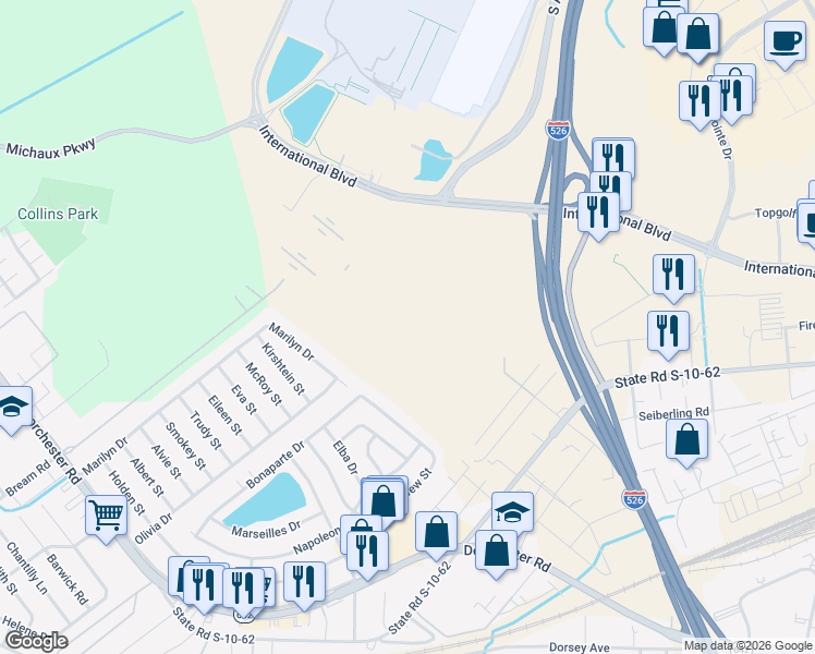 map of restaurants, bars, coffee shops, grocery stores, and more near Rachel Place in North Charleston