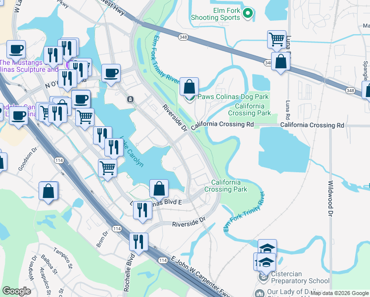 map of restaurants, bars, coffee shops, grocery stores, and more near 777 Lake Carolyn Parkway in Irving