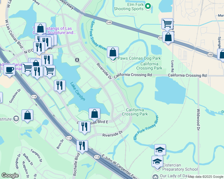 map of restaurants, bars, coffee shops, grocery stores, and more near 777 Lake Carolyn Parkway in Irving