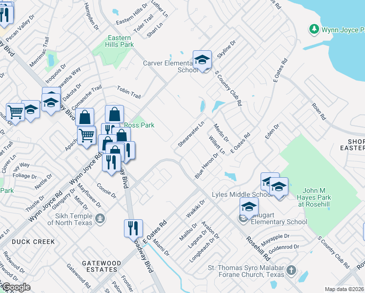 map of restaurants, bars, coffee shops, grocery stores, and more near 1018 Shearwater Lane in Garland