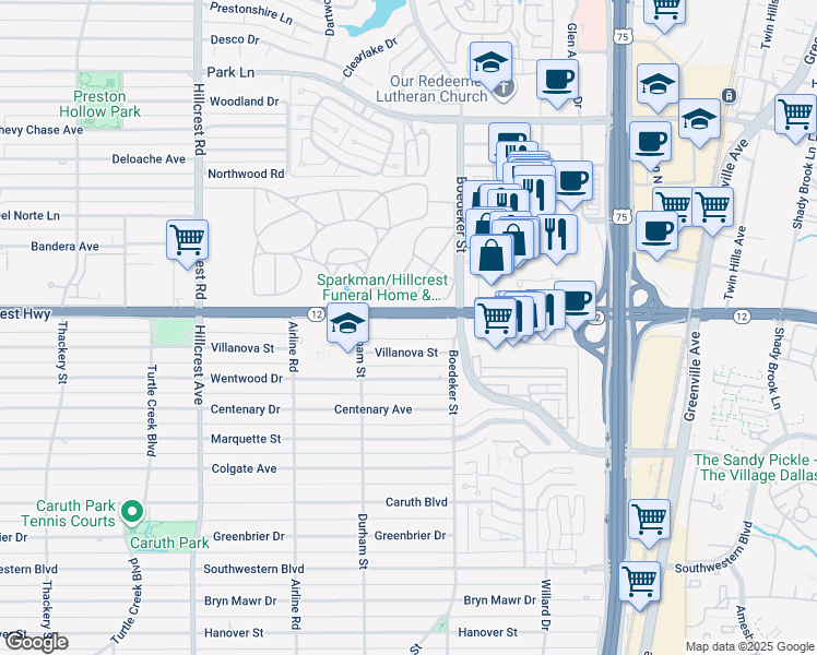 map of restaurants, bars, coffee shops, grocery stores, and more near 7526 West Northwest Highway in Dallas