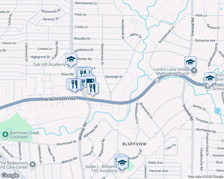 map of restaurants, bars, coffee shops, grocery stores, and more near 9101 Rockbrook Drive in Dallas