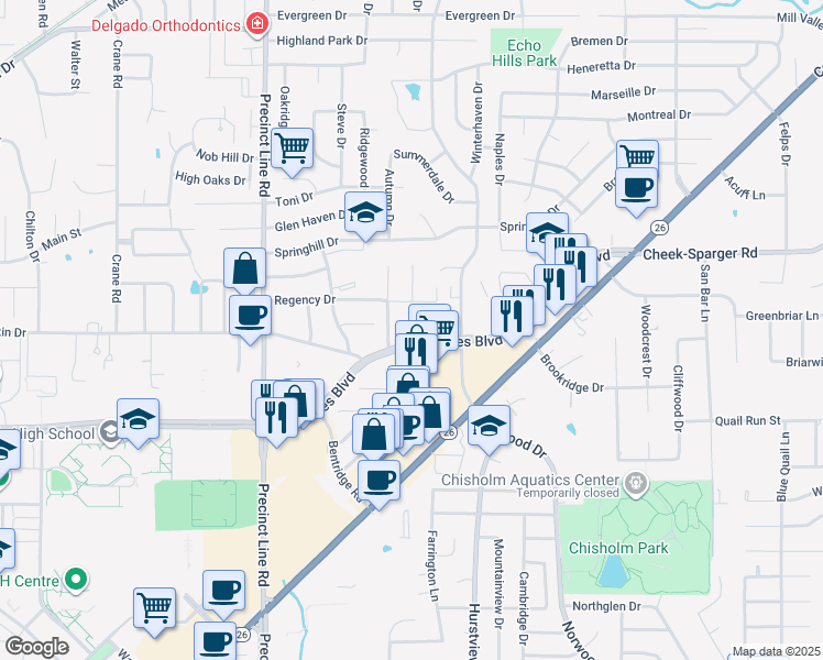 map of restaurants, bars, coffee shops, grocery stores, and more near 600 Mid Cities Boulevard in Hurst