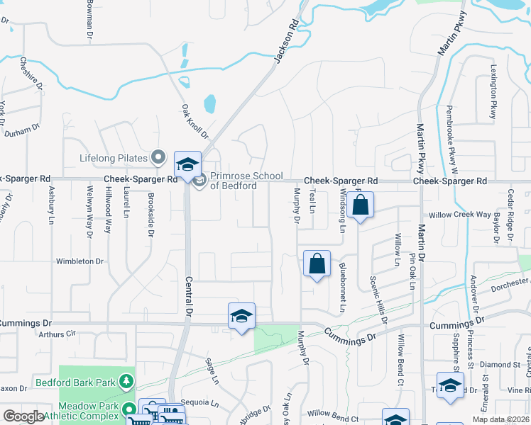 map of restaurants, bars, coffee shops, grocery stores, and more near 3821 Rolling Meadows Drive in Bedford