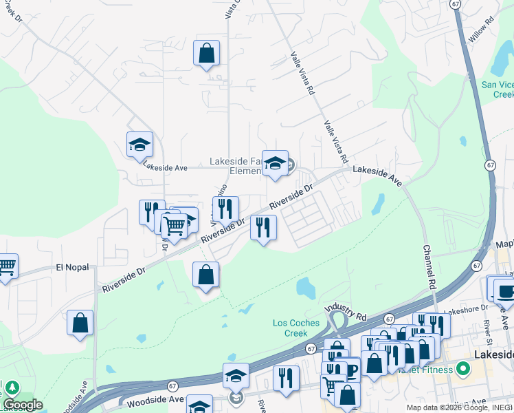 map of restaurants, bars, coffee shops, grocery stores, and more near 10236 Charleston Bay Court in Lakeside