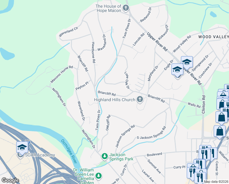 map of restaurants, bars, coffee shops, grocery stores, and more near 1435 Briarcliff Road in Macon