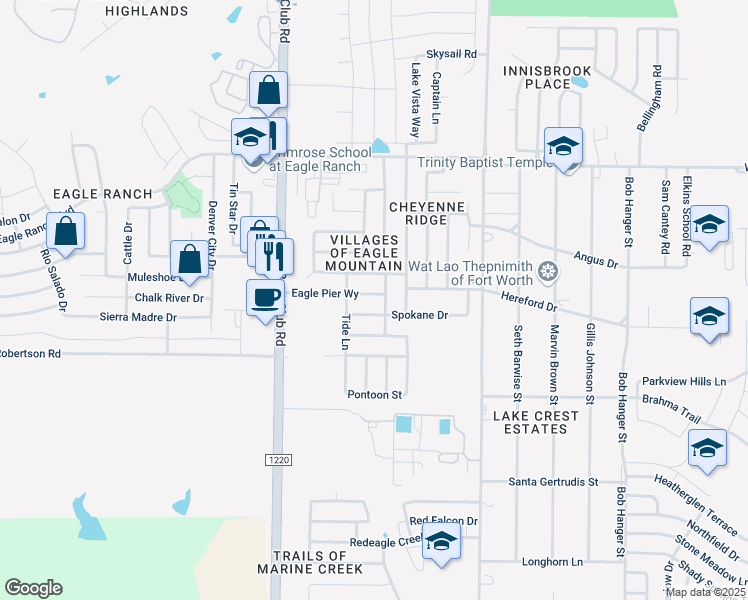 map of restaurants, bars, coffee shops, grocery stores, and more near 6309 Eagle Pier Way in Fort Worth
