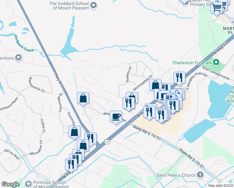 map of restaurants, bars, coffee shops, grocery stores, and more near 3171 Morningdale Drive in Mount Pleasant