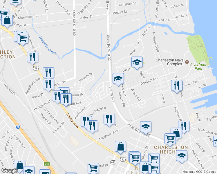 map of restaurants, bars, coffee shops, grocery stores, and more near 4040 Deodar Lane in North Charleston