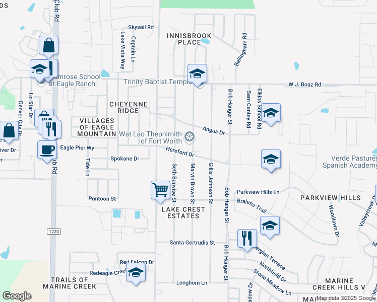 map of restaurants, bars, coffee shops, grocery stores, and more near 7101 Marvin Brown Street in Fort Worth