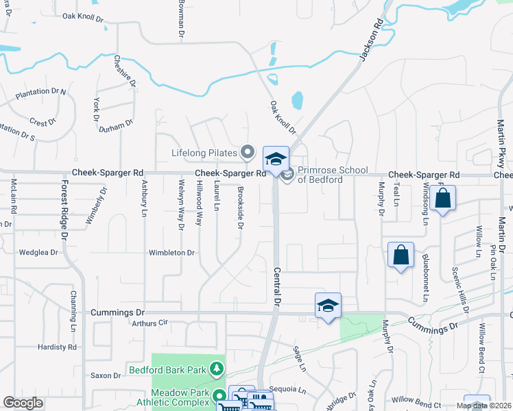 map of restaurants, bars, coffee shops, grocery stores, and more near 3817 Brookridge Court in Bedford