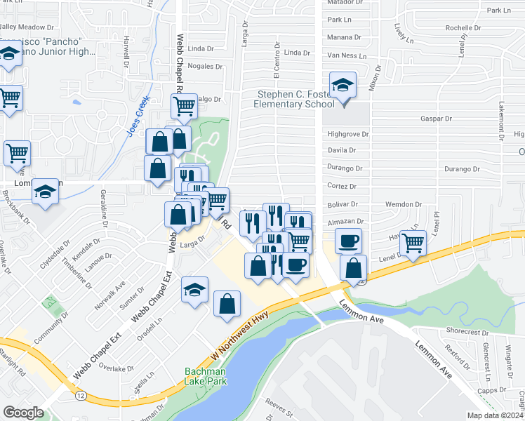 map of restaurants, bars, coffee shops, grocery stores, and more near 3551 Poquita Drive in Dallas