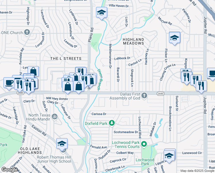 map of restaurants, bars, coffee shops, grocery stores, and more near 10791 East Northwest Highway in Dallas