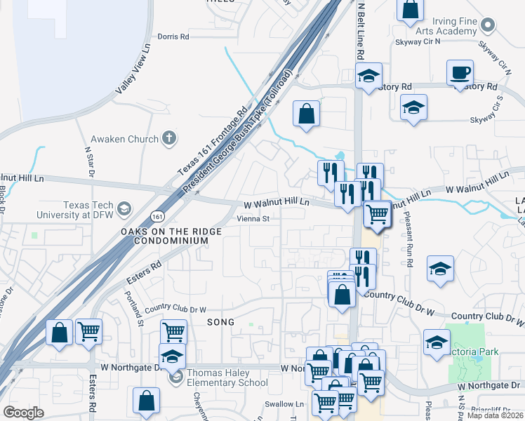 map of restaurants, bars, coffee shops, grocery stores, and more near 4018 Milan Drive in Irving