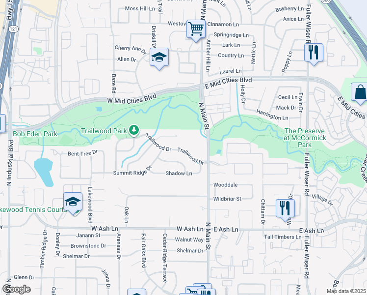 map of restaurants, bars, coffee shops, grocery stores, and more near 202 Trailwood Drive in Euless