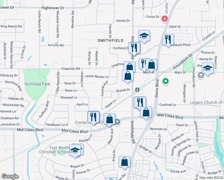 map of restaurants, bars, coffee shops, grocery stores, and more near 7717 Brandi Place in North Richland Hills
