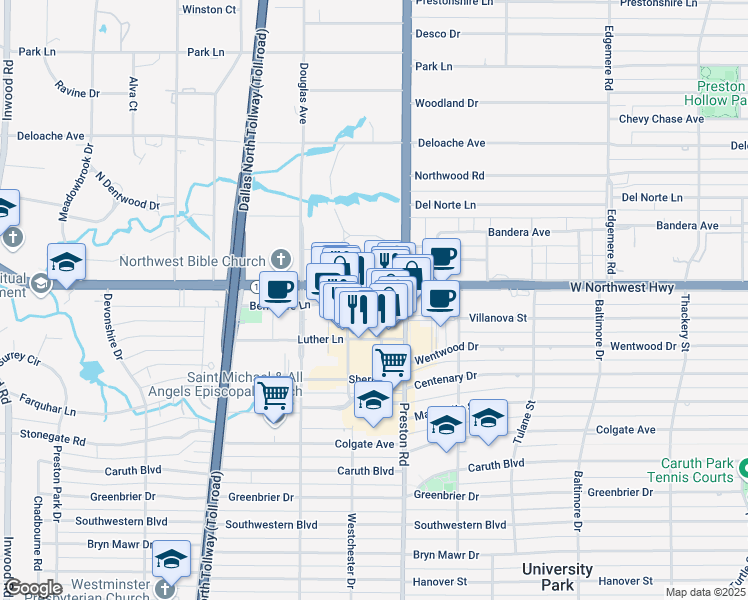 map of restaurants, bars, coffee shops, grocery stores, and more near 6125 Berkshire Ln in Dallas