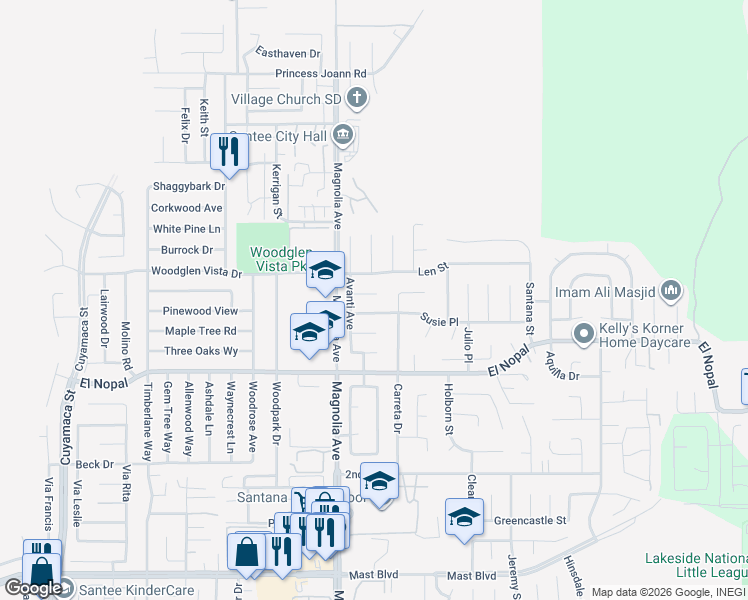 map of restaurants, bars, coffee shops, grocery stores, and more near 10443 Nate Way in Santee