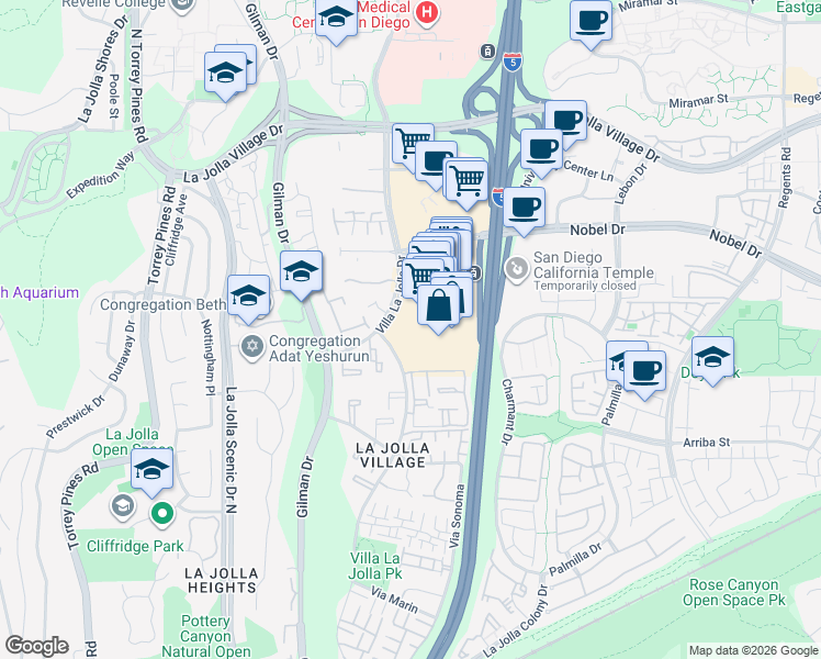 map of restaurants, bars, coffee shops, grocery stores, and more near 8683 Via Mallorca in San Diego
