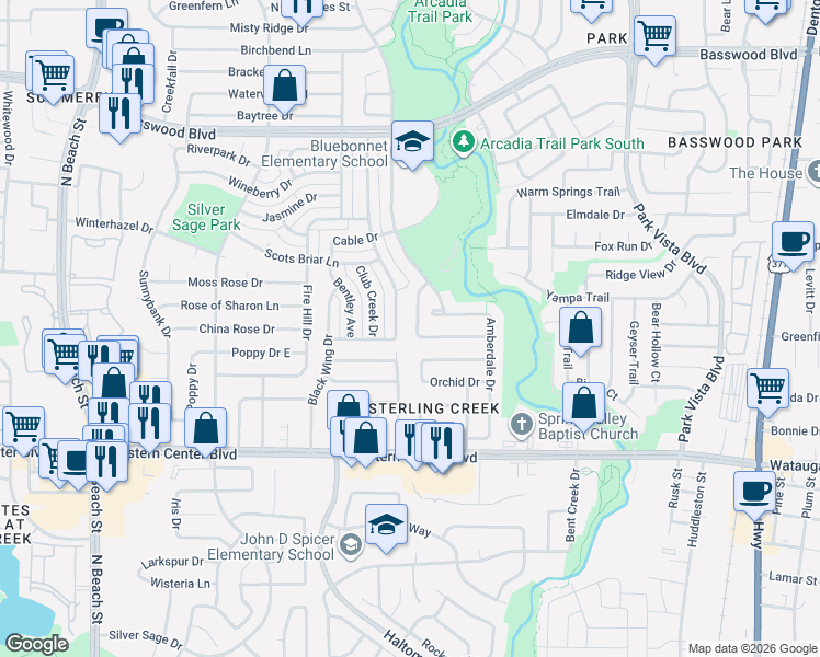 map of restaurants, bars, coffee shops, grocery stores, and more near 6904 Indiana Avenue in Fort Worth