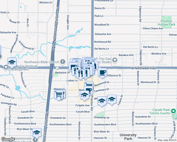 map of restaurants, bars, coffee shops, grocery stores, and more near 6125 Berkshire Lane in Dallas