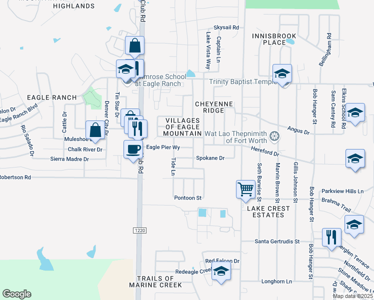 map of restaurants, bars, coffee shops, grocery stores, and more near 6309 Eagle Pier Way in Fort Worth