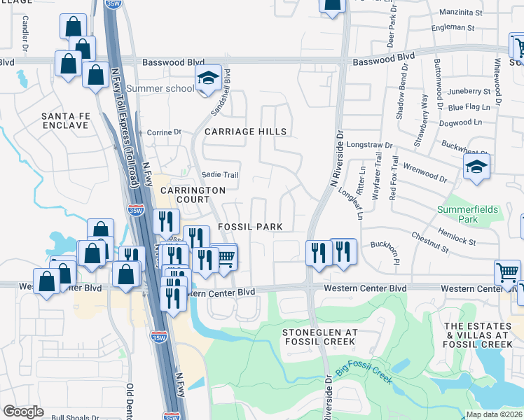 map of restaurants, bars, coffee shops, grocery stores, and more near 6725 Thaxton Trail in Fort Worth