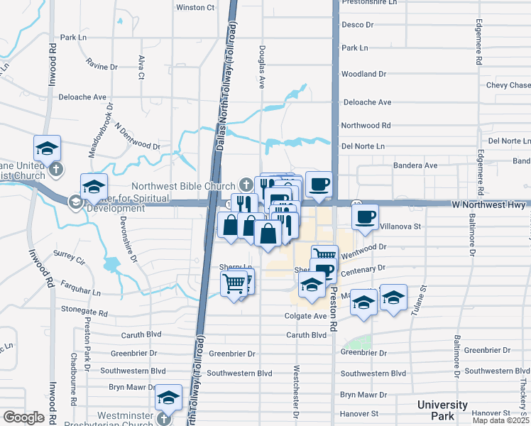 map of restaurants, bars, coffee shops, grocery stores, and more near 8400 Douglas Avenue in Dallas