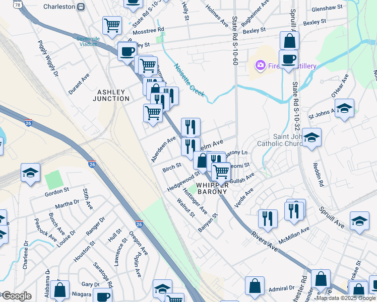 map of restaurants, bars, coffee shops, grocery stores, and more near 4003 Rivers Avenue in North Charleston