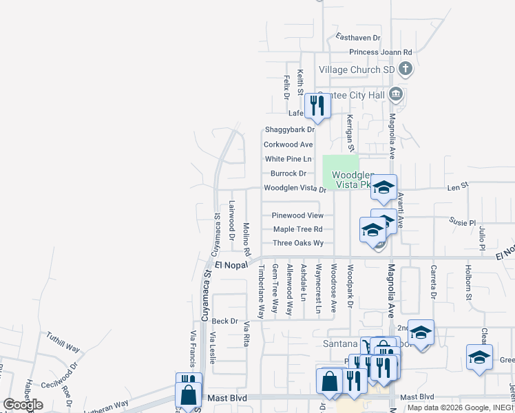 map of restaurants, bars, coffee shops, grocery stores, and more near 10340 Timberlane Way in Santee
