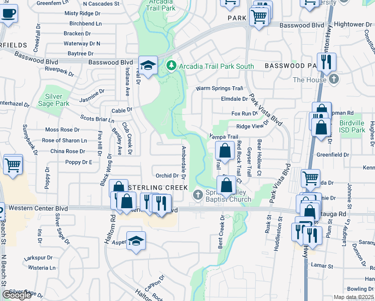map of restaurants, bars, coffee shops, grocery stores, and more near 5120 Basswood Boulevard in Fort Worth