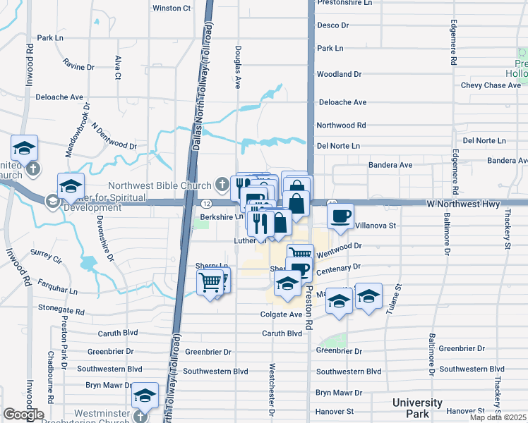 map of restaurants, bars, coffee shops, grocery stores, and more near 6033 Berkshire Lane in Dallas