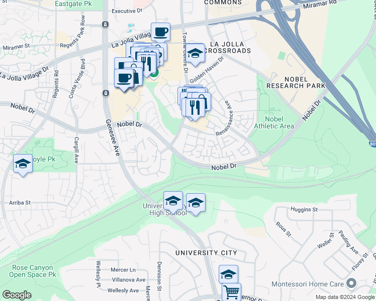 map of restaurants, bars, coffee shops, grocery stores, and more near 5109 Renaissance Avenue in San Diego