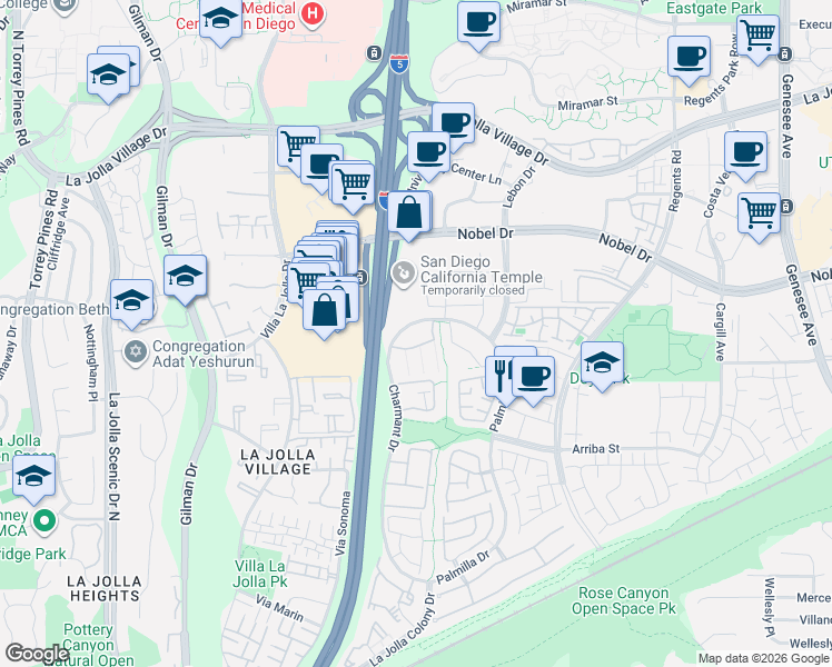 map of restaurants, bars, coffee shops, grocery stores, and more near 7425 Charmant Drive in San Diego