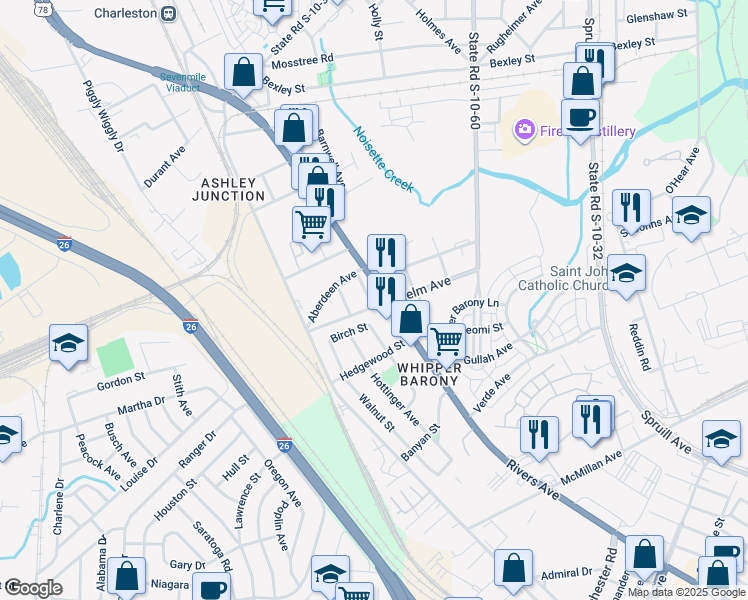 map of restaurants, bars, coffee shops, grocery stores, and more near 4003 Rivers Avenue in North Charleston